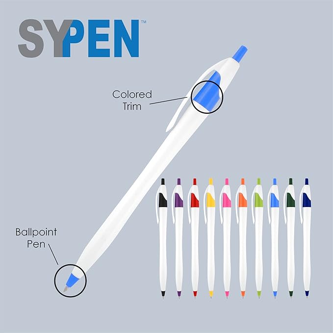 SyPen Personalized Pens With your Custom Logo or Text-500 Pack Bulk-for Businesses, Parties, and Events, Custom Printed Slim Ballpoint Click Pens, Blue Trim Color, Black Ink