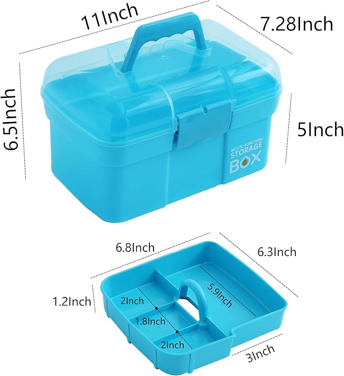 11'' Plastic Storage Box with Removable Tray, Multipurpose Organizer and Storage Case for Art Craft and Cosmetic (Blue)