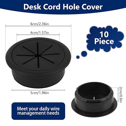 10 pcs Desk Grommet, 2 inch/50 mm Desk Hole Cover, Black Cable Grommet for Wire Cord Through The Table, Cabinet, Countertop and Other Furniture