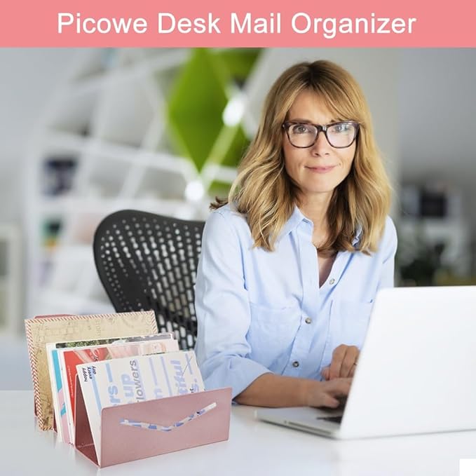 Picowe Metal Desk Mail Organizer Mail Holder, 3 Slots Letter Holder Organizer Envelope Organizer for Home Office (Rose Gold)