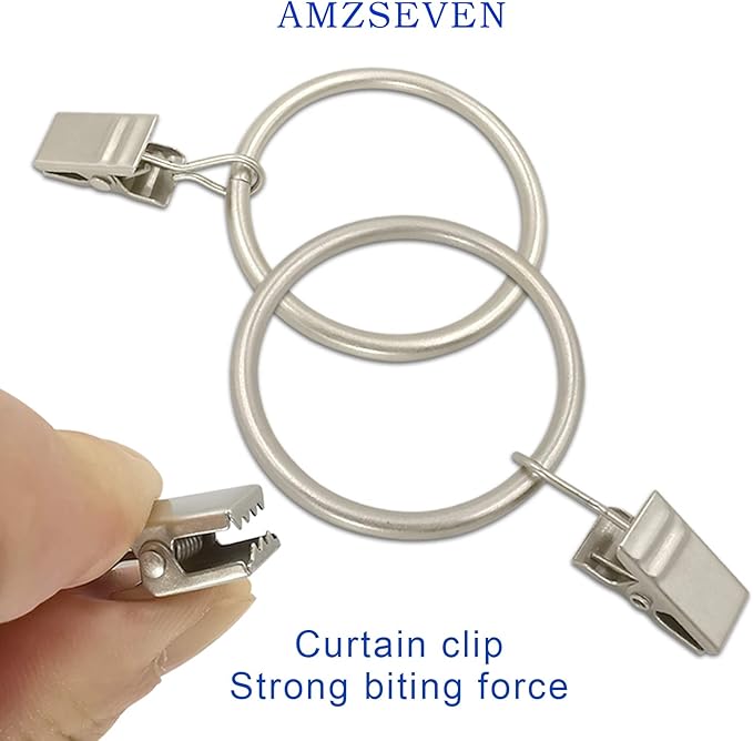 AMZSEVEN 40 Pack Metal Curtain Rings with Clips, Drapery Clips Hooks, Decorative Curtain Rod Clips 1.5 in Interior Diameter, Matte Silver