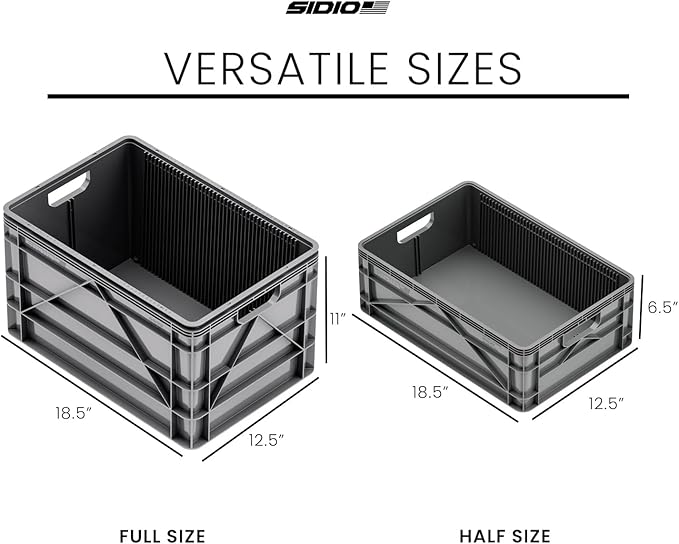 SIDIO Crate Basic Pack - 2 Full-Size & 1 Half-Size Heavy Duty Stackable Storage Bins, Totes and Containers with Dividers - Durable Plastic Organizer for Home, Office, Garage, and Outdoor Use, Gray