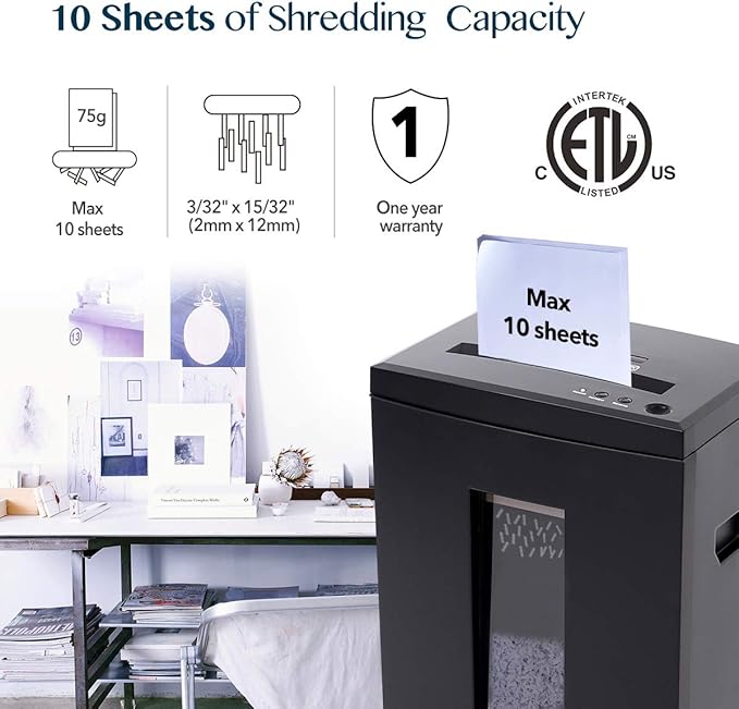WOLVERINE 10-Sheet Super Micro Cut High Security Level P-5 Heavy Duty Paper/CD/Card Ultra Quiet Shredder for Home Office by 60 Mins Running Time and 6 Gallons Pullout Waste Bin SD9112 (Black ETL)