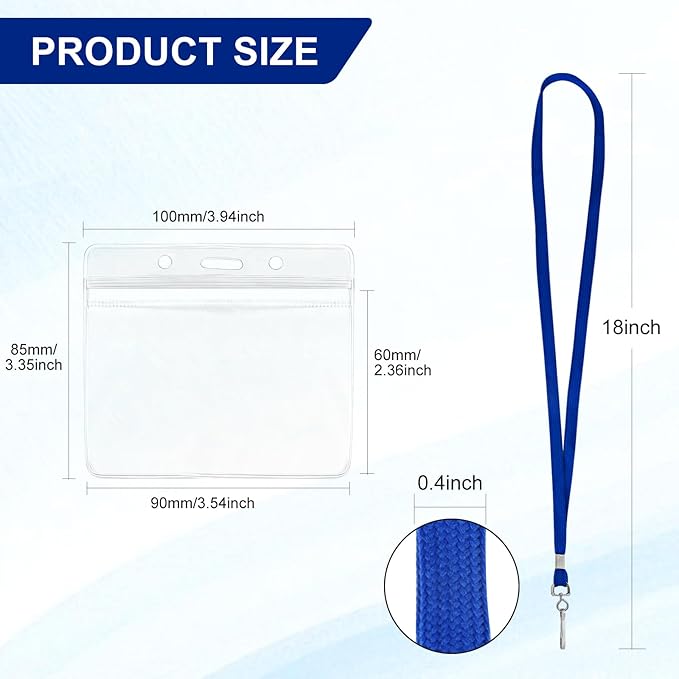 50 Pack ID Card Name Tag Badge Holders with Lanyards Blue Lanyards with Clear Horizontal Waterproof Name Badge ID Card Holders for Office School Travel (Blue)