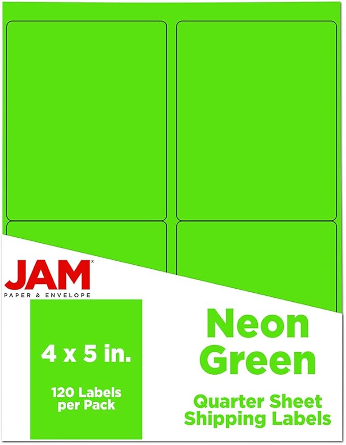 JAM PAPER Shipping Address Labels - 4 x 5 - Quarter Page/Extra Large - Assorted Bright Neon Colors - 360/Pack