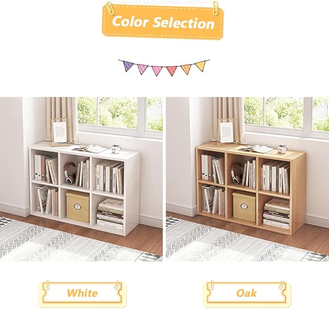 6 Cube Organizer Bookcase - Fabric Storage Bins Container, Open Shelf Simple Compartments Bookshelf, White