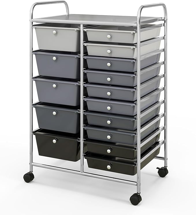 ARLIME 15-Drawer Storage Cart, Grey, Metal and Plastic Frame, Polypropylene Boxes, Rolling Organizer for Office and School