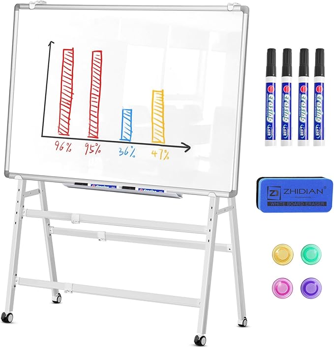 Double-Sided Magnetic Rolling Whiteboard, 48x36 Dry Erase Board - Adjustable Height & Width, A-Frame Foldable Easel Stand on Wheels