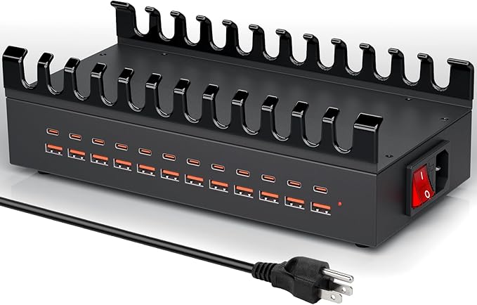 300W USB Charging Station for Multiple Devices, 24 Port USB C Fast Charging Station, Multi Device Charger Station Organizer Compatible with Tablet, Laptop, Cellphone, iPhone, iPad and More