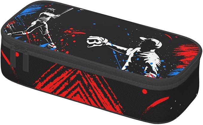 Sports Style Black Pencil Box with Playing Baseball Boys Pattern, Cool Baseball Themed Pen Case Holder Pouch Pencil Bag with Zippers Stationery Organizer Bag Purse for Sports Lovers Office Supplies