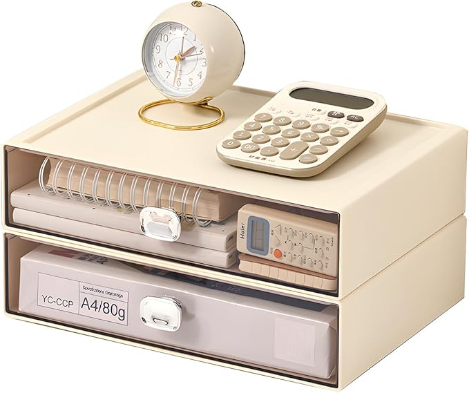 Spacious Desktop Storage Box, 2 Large Storage Drawers, Stackable Office Desk Drawer Organizer and Accessories, Printer Paper Organizer, Cream Plastic Drawers for Workspace