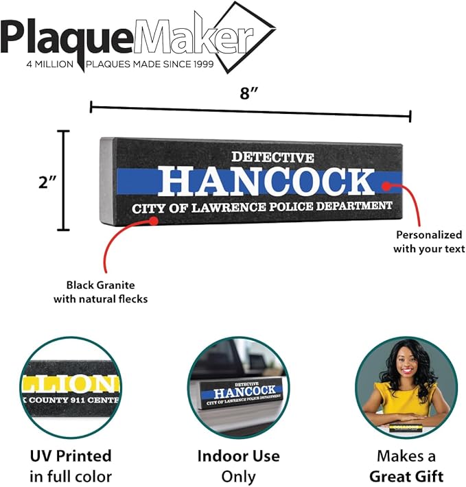 Personalized 8 x 2 Granite A Thin Line Desk Nameplate for Law Enforcement, Dispatch, Corrections, Fire, Military, Security