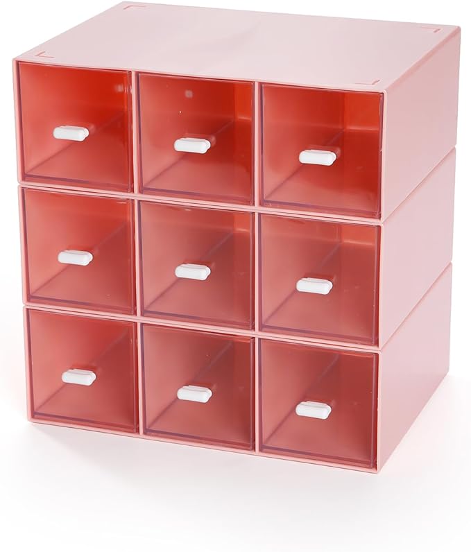 Desktop Drawers, Desk Organizer with 9 Drawers, Stackable Plastic Storage Box for Home Collection, Cosmetics, Office Supplies (3 Tall Layers, Pink)