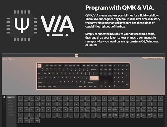 Keychron K5 Max Ultra-Slim Wireless Custom Mechanical Keyboard, QMK/VIA Programmable 3-Mode Bluetooth/2.4 GHz/Wired with RGB Backlight Low Profile Gateron Brown Switch, PBT Keycaps for Mac Win Linux