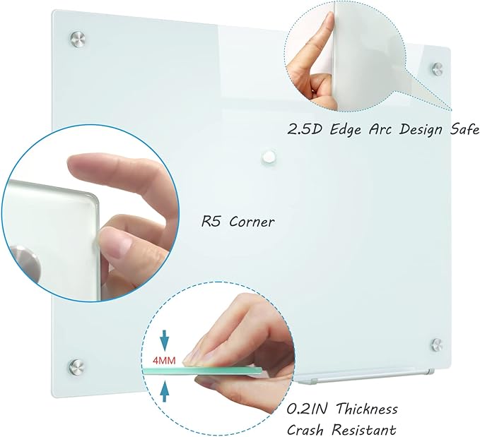 Magnetic Dry Erase Glass WhiteBoard - Frameless Wall Mounted Glass White Board for School Teaching Office Meeting 24"x36"