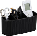 Aesthetic Remote Control Holder, PU Leather Pen Holder for Desk with 3 Compartments for Home Office Supplies and Accessories, Stylish Bedside Remote Holder Nightstand Desktop Organizer (Black)