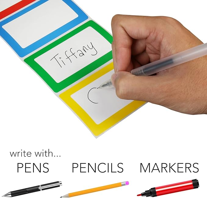 LotFancy 500pcs Name Tag Stickers, 3.5" x 2.25", 5 Colors, Plain Labels, Adhesive Tags with Perforated Line for School Office Home