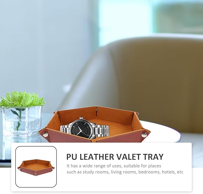 PU Leather Hexagonal Folding Tray Desktop Storage Organizer for Jewelry Keys Coins Home Accessories and Comfortable Catchall Plate with Elegant Brown Finish for Versatile Use