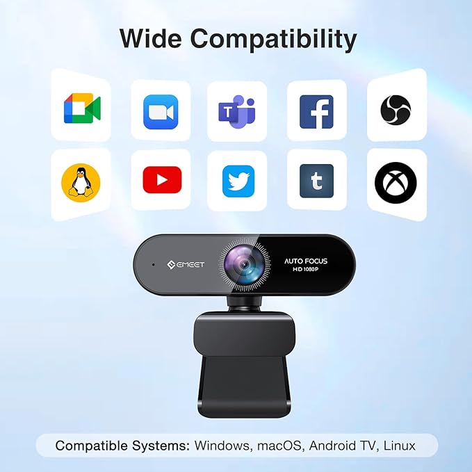 1080P Webcam with Microphone, eMeet Nova AutoFocus HD Webcam, 96°View Web Camera w/ 2 De-Noise Mics for Laptop/Desktop, Plug & Play USB Streaming Computer Camera for Conference/Calling/Teaching/Gaming