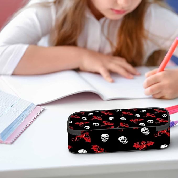 Skull Dragon Pencil Case Dead Black Red Animal Pencil Bag Pen Markers Pouch Holder Organizer for Office Clerks