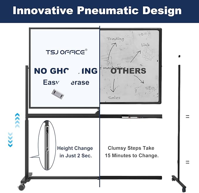 Large Dry-Erase Rolling Magnetic Whiteboard - TSJ OFFICE 48 x 32 Inches Dry Erase Board with Stand Height Adjust Double Sides Mobile White Board Easel on Wheels Office, Home & Classroom