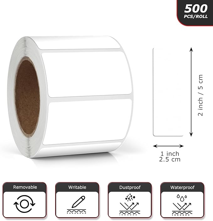 Meitaat White Rectangle Stickers 2 x 1 Inch Color Coding Labels Vinyl Roll Self-Adhesive Waterproof Removable 500 PCS