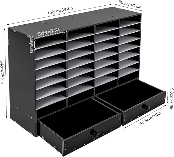 DYRABREST 32 Slot Literature Organizer Adjustable Desktop File Sorter with 2 Drawers, Stackable Office Mail Sorter 32 Compartments Magazine Holder Paper Storage Cabinet for Office Home School