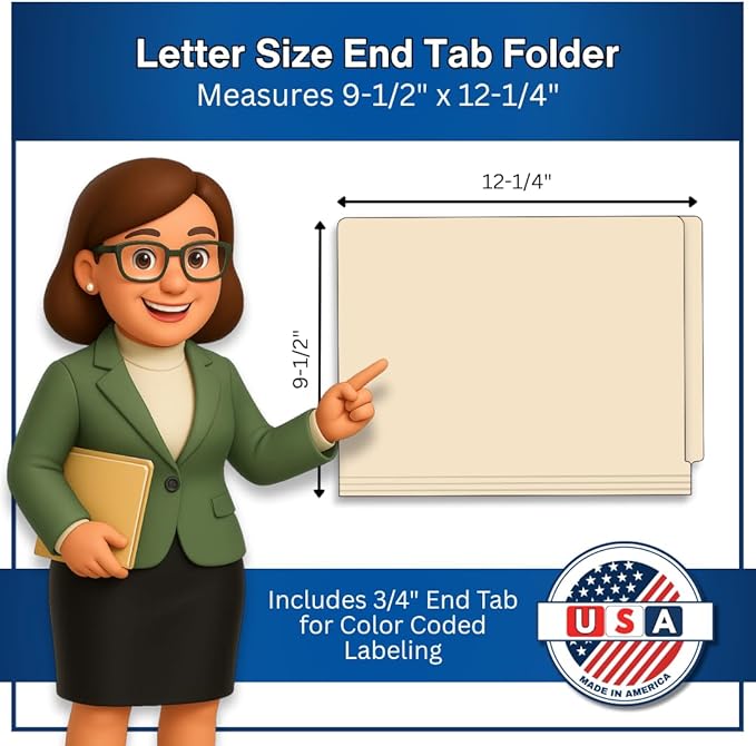 End Tab File Folders for Patient Charts, Doctor Stuff, 11pt Manila Dual Fasteners Positions 1&3 Letter Size USA Made Box of 50