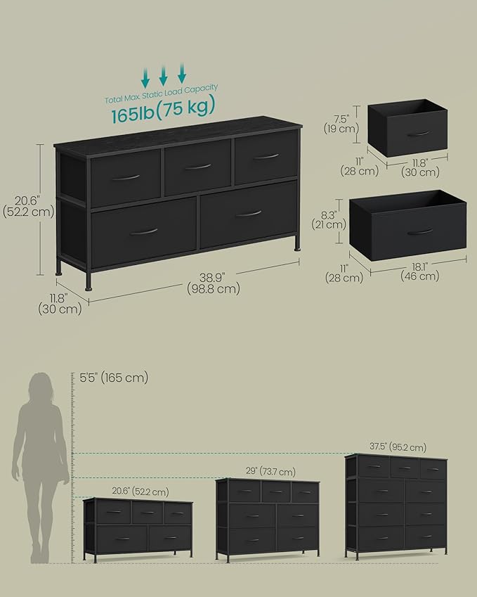 SONGMICS Dresser for Bedroom, Chest of Drawers, Steel, MDF, 5 Non-Woven Fabric Drawers, Storage Organizer Unit, Closet, Entryway, Ink Black and Ebony Black ULGS322B01S