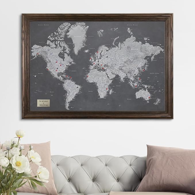 Personalized Stormy Dreams World Travel Map with Solid Wood Brown Frame