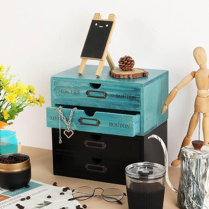 Wooden Storage Box Rustic Desktop Organizer with 2 Drawers Office Desk Accessories Shelf Small Craft Storage Containers Apothecary Cabinet and Chest Jewelry Holder for women(BLUE)