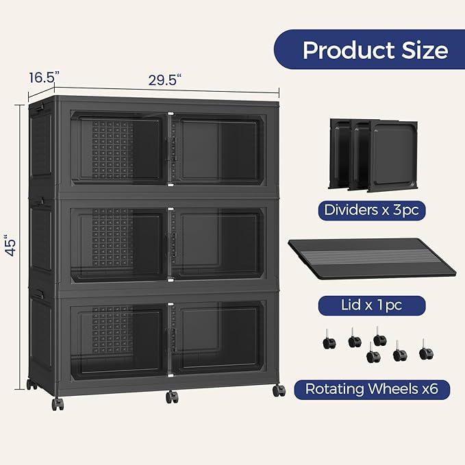 120GAL Storage Bins with Lid and Wheels, Stackable Closet Organizers and Storage Drawer, Collapsible Storage Box with Dividers, Foldable Plastic Cabinets for Room, Kitchen, 3 Pack Black