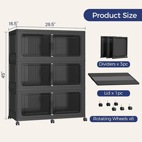 120GAL Storage Bins with Lid and Wheels, Stackable Closet Organizers and Storage Drawer, Collapsible Storage Box with Dividers, Foldable Plastic Cabinets for Room, Kitchen, 3 Pack Black