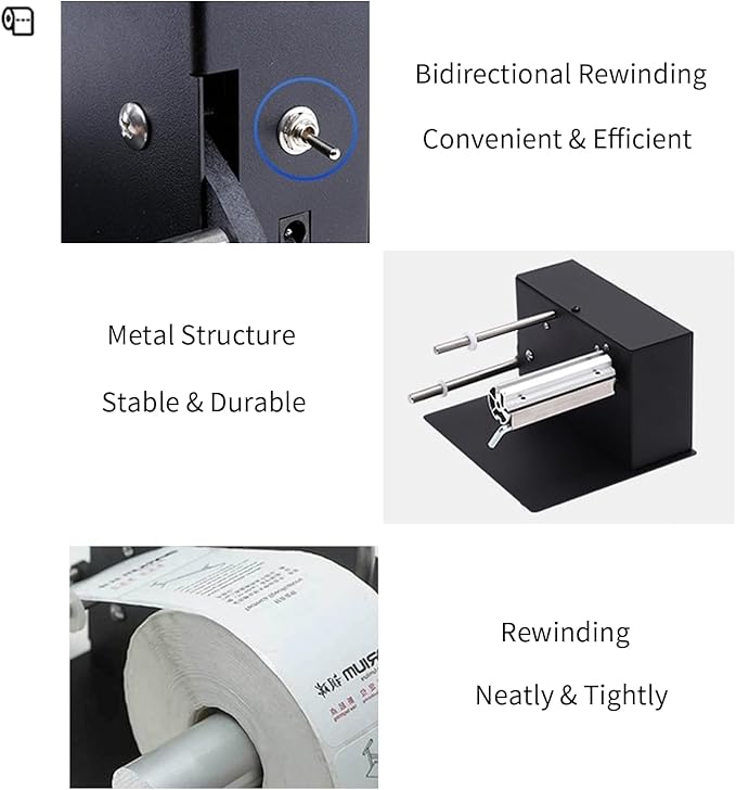 Automatic Label Rewinder 180mm/7.09" Two-Way Rewinding Label Roller Rewinding Machine Metal Labeling Equipment Synchronize Rewind with Printer for Warehouse ,Department Stores-7.9*6.9*5.5 in, Black