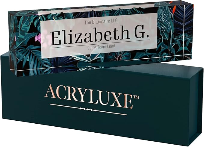 Desk Name Plate Personalized, Custom Name Plates 2½/x8 Inches, Thick Crystal-Clear Acrylic, Gift Box, Office Desk Decor. USA Made by ACRYLUXE (Bouquet)