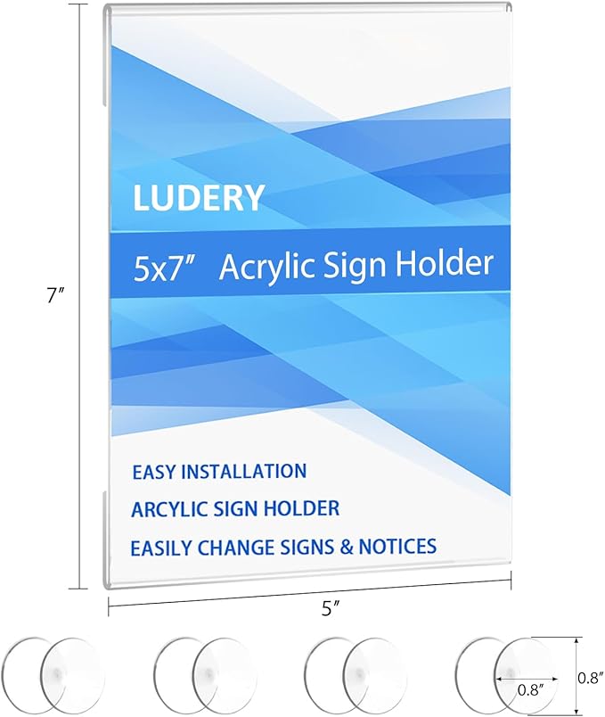 Acrylic Window Sign Holder 5x7 with 4 Suction Cups ,Clear Acrylic Frames Glass Window Wall Mount,Advertising Signage Sign Holder for Mall, Office, Home, Store, Restaurant (6 Pack)