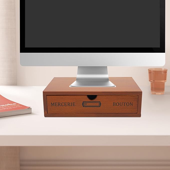 Stackable Wooden Desk Organizer 1 Drawer Retro Brown Modular Storage Boxes for Home Office, Makeup, Stationery - No Assembly Required