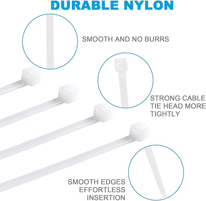 100pcs Cable Zip Ties White Heavy Duty 12 Inch, Premium Plastic Wire Ties Clear with 50 Pounds Tensile Strength, Self-Locking Nylon White Zip Ties for Indoor and Outdoor