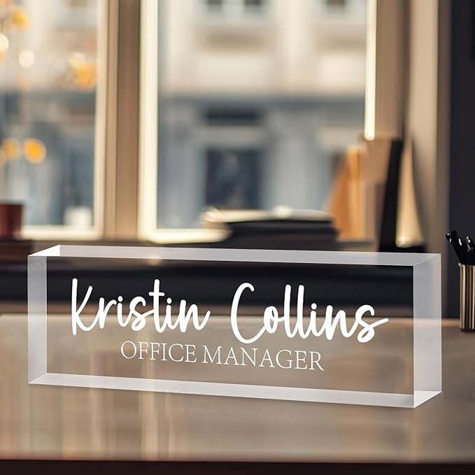 Custom Name Plate for Desk, Personalized Name Plate on Clear Acrylic Glass, Appreciation Gifts for Teacher Employee Boss Coworkers Nurse, Office Desk Accessories for Women Men (Engraved Elegant)