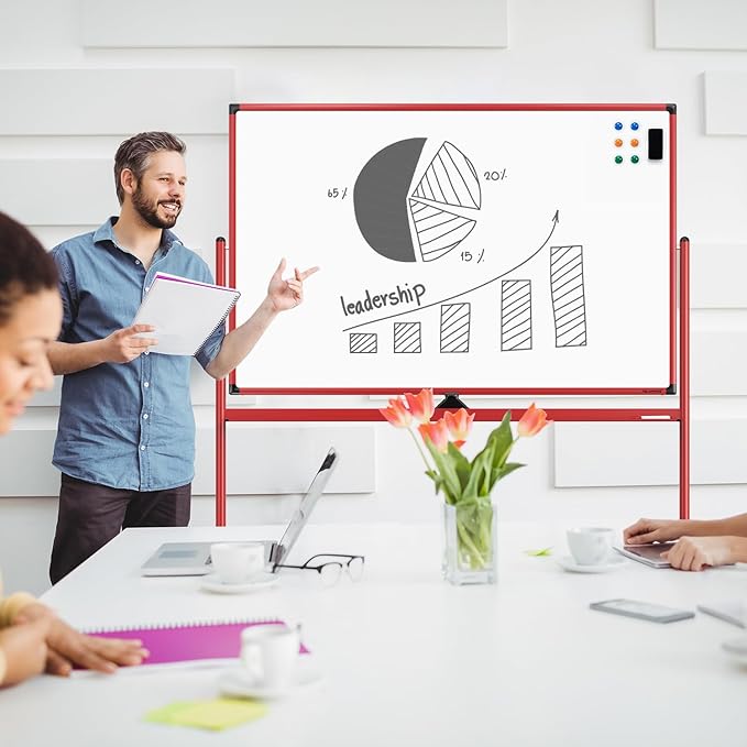 Large Dry-Erase Rolling Magnetic Whiteboard - 48 x 32 Inches Dry Erase Board with Stand Height Adjust Double Sides Mobile White Board Easel on Wheels with 25 Sheets Paper Pad Office, Home & Classroom