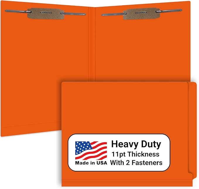 Orange File Folders, USA Made, Doctor Stuff, Two 2" Bonded Fasteners, Durable 11pt, Reinforced End Tab File Folders, 2 Prongs, Colored Medical Charts and Patient Chart, Box of 50