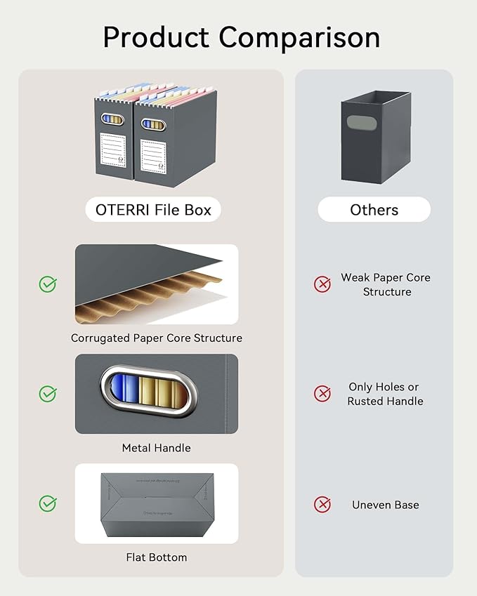 Oterri Cardboard File Organizer Box for Hanging File Folders Letter Size,File Box for Computer Desk,File Cabinet,Working Home,Office,Classroom (Dark Grey, Letter Size - 6 Packs)