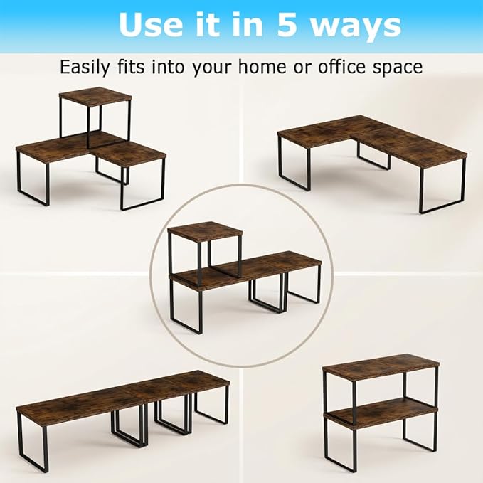 Aothia Wood Desktop Shelf for Top of Desk - 2-Tier Adjustable Bookshelf Organizer, Freestanding Stackable Shelves for Office, Home, Kitchen Counter (Rustic Brown)