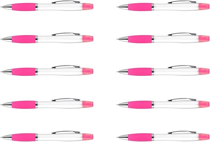 DISCOUNT PROMOS 10 Plastic Highlighter Pens Pack - Rubber Grip, Black Ink - Pink