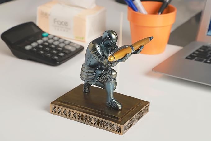Knight Pen Holder Desk Ornament Resin Pencil Holders Desk Accessories and Organizer For Men with a Cool Pen (Blue)