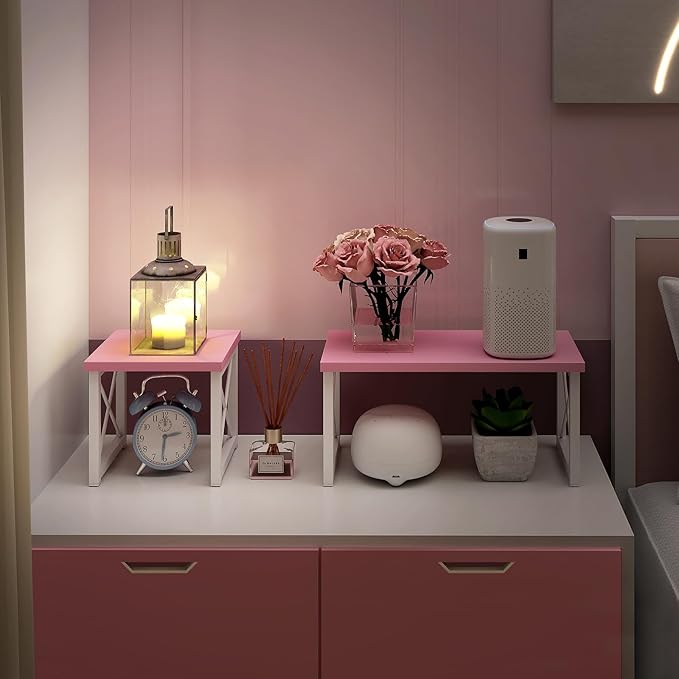 ELITEROO Desktop Shelf, 2 Tier Independent Stackable Desk Stand, Adjustable Freestanding Table Top Mini Bookshelf, Aesthetic Storage Organizers for Women/Girls/Daughter, Pink