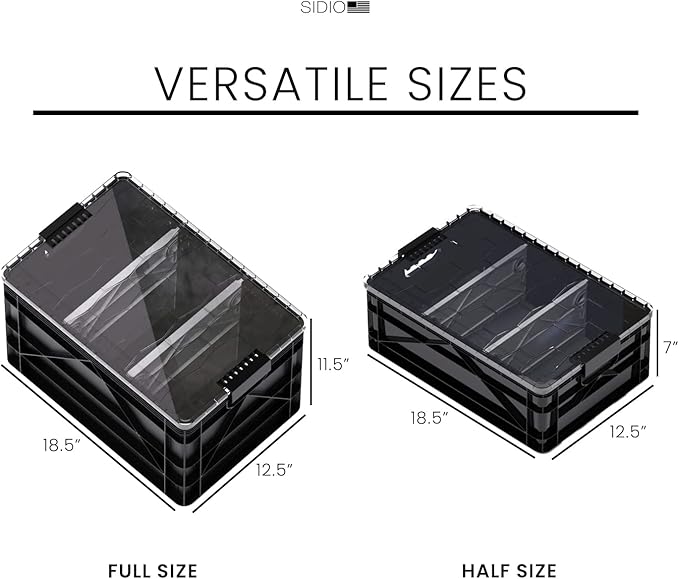 SIDIO Crate Pro Pack - 2 Full-Size & 1 Half-Size Heavy Duty Stackable Storage Bins, Totes and Containers with Lids and Dividers - Durable Plastic Organizer for Home, Office, Garage, and Outdoor Use