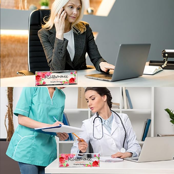 Personalized Office Desk Name Plate - Custom Acrylic Decor Accessories, Gift for Women (Pink Rose) 731