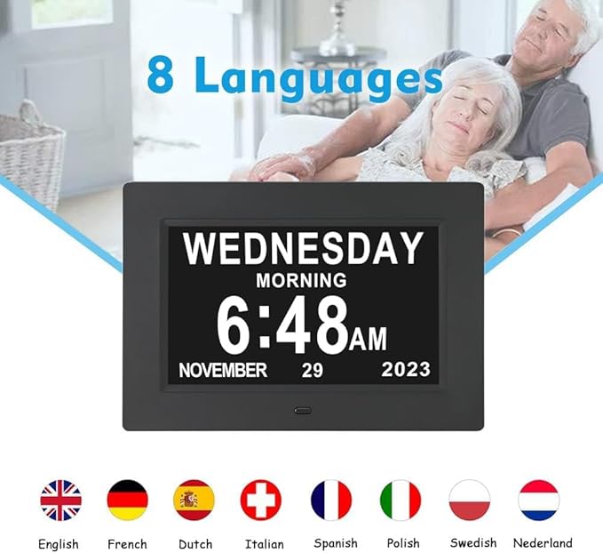7 Inch Extra Large Day Date Time Digital Day Calendar Clock with Auto-Dimming 12 Alarm Reminders Dementia Clocks for Senior Elderly impaired Vision Memory Loss