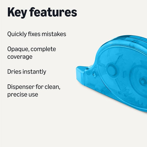 Amazon Basics White Out Correction Tape with Dispenser, 39.3ft, 4-Count Pack, Easy to use, Fast, Clean and Tear-Resistant Tape Office or School Supplies, Green, Orange, Purple, Red, Blue